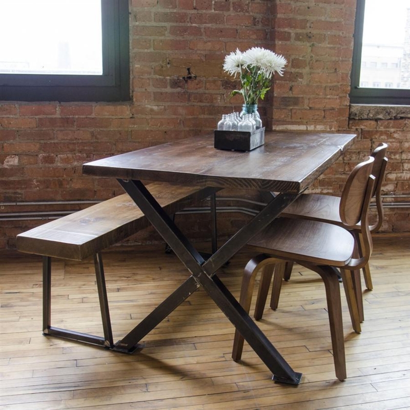Dining Table Industrial X-Frame Base Rustic Bench Dining Arrangement
