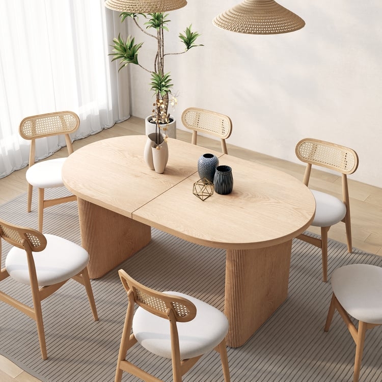 Dining Table Japandi Oval Fluted Pedestal Base Whitewash Wood Finish
