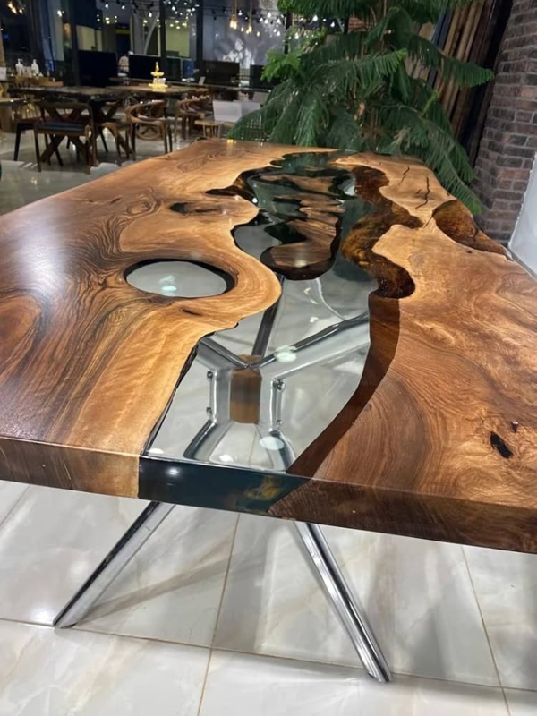 Dining Table: Live Edge Wood with Resin River and Polished Metal Base