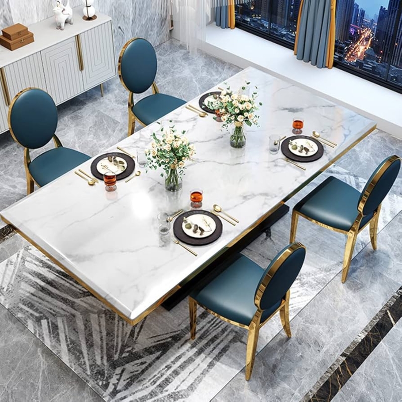 Dining Table: Marble Pattern Top, Gold Trestle Base and Teal Chairs