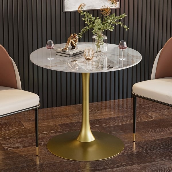 Dining Table Marble-Veined Top with Brushed Gold Tulip Pedestal