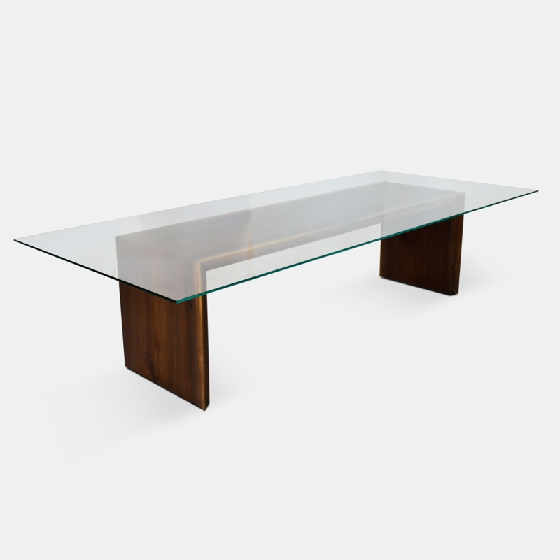 Dining Table Mitered Walnut Base Glass Top Minimalist Slab Legs Modern