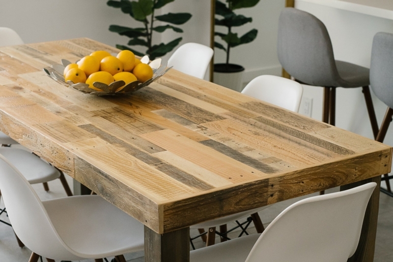 Dining Table Mixed Timber Tones Reclaimed Planks Rustic Modern