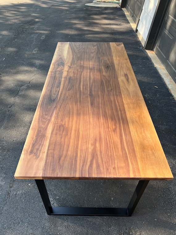 Dining Table: Multi-Plank Wood Top with Industrial Metal U-Shaped Legs