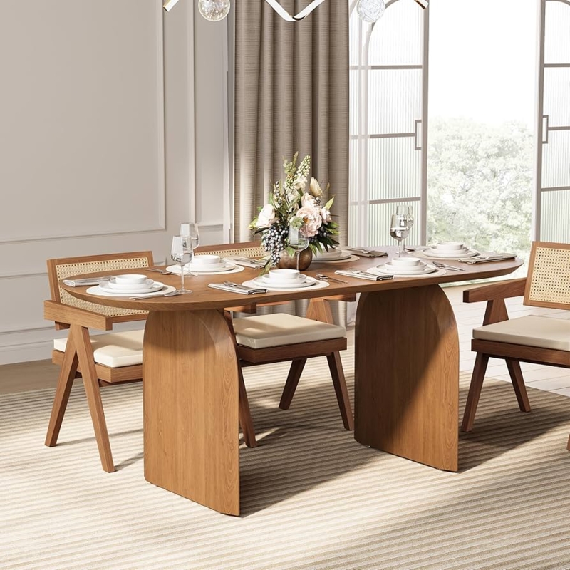 Dining Table Oval Wood Top with Arched Pedestal Base for Six
