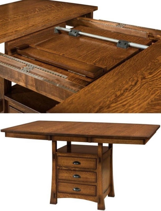 Dining Table Pedestal with Drawers Medium Oak Brown Craftsman Style