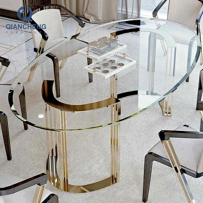 Dining Table Polished Gold Metal C-Shaped Base Vertical Slats Glass