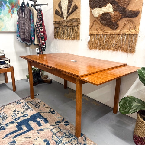 Dining Table Pull-Out Leaf Honey Teak Slab Style Top Danish Design