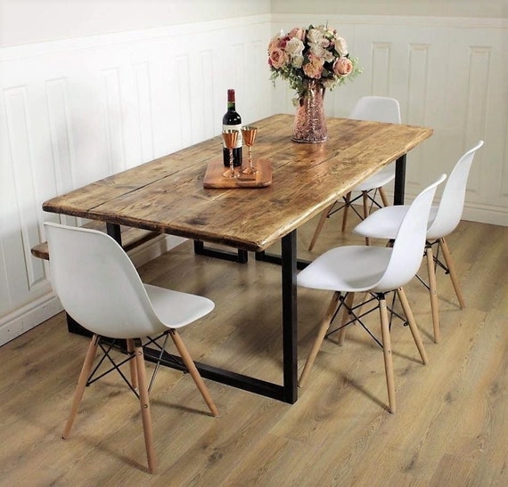 Dining Table Reclaimed Wood Top U-Shaped Legs White Eiffel Chairs