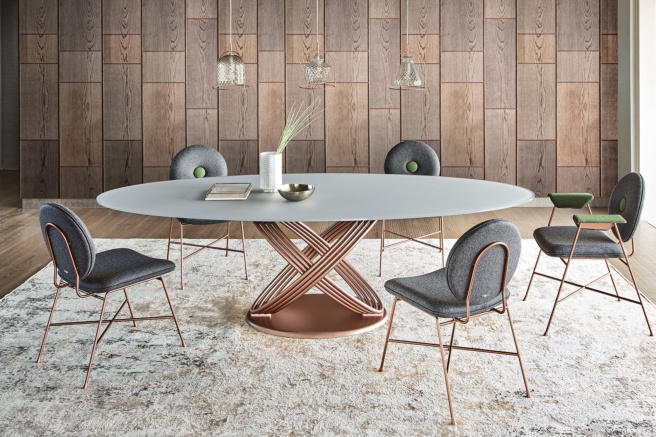 Dining Table Rose Gold Interlocking Rings Base Sculptural Metal