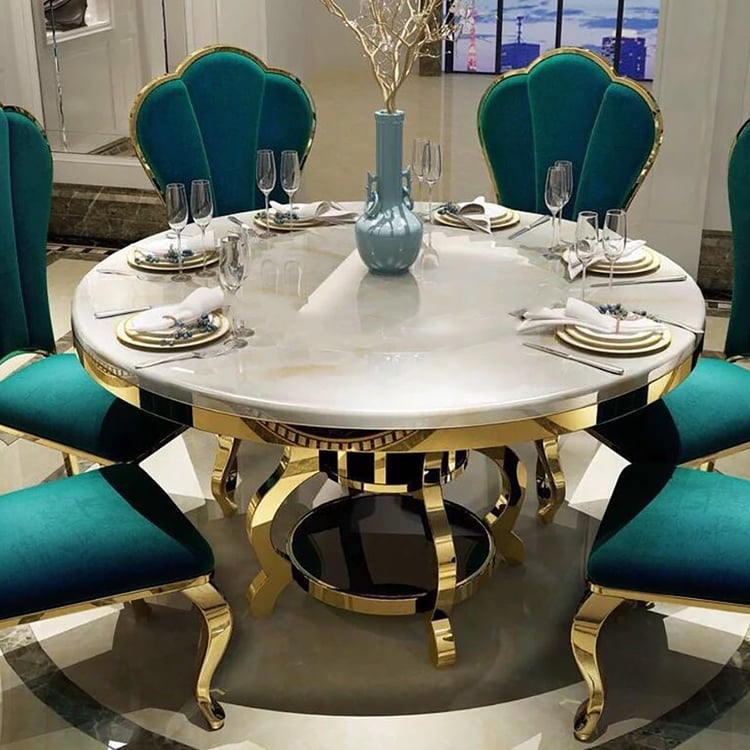 Dining Table Round Faux Marble and Teal Scalloped Back Chairs