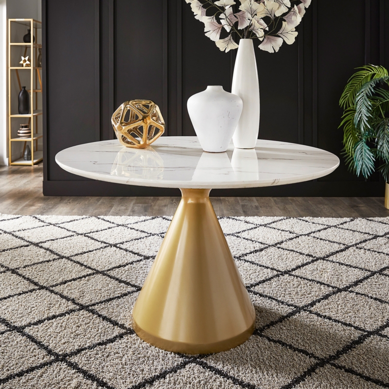 Dining Table Round Faux Marble Top with Conical Gold Base