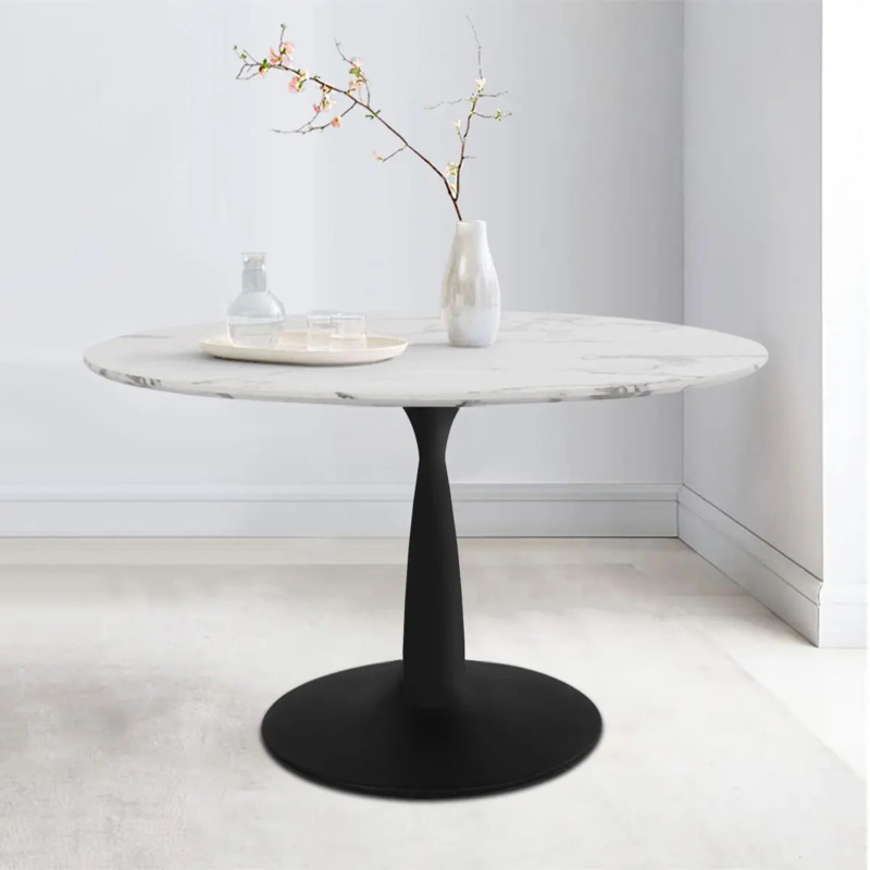 Dining Table Round Marble Top with Matte Black Tulip Pedestal