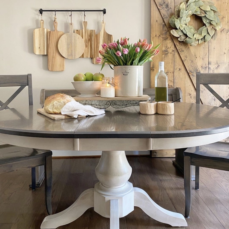 Dining Table Round Pedestal Base Two Tone Finish Modern Farmhouse