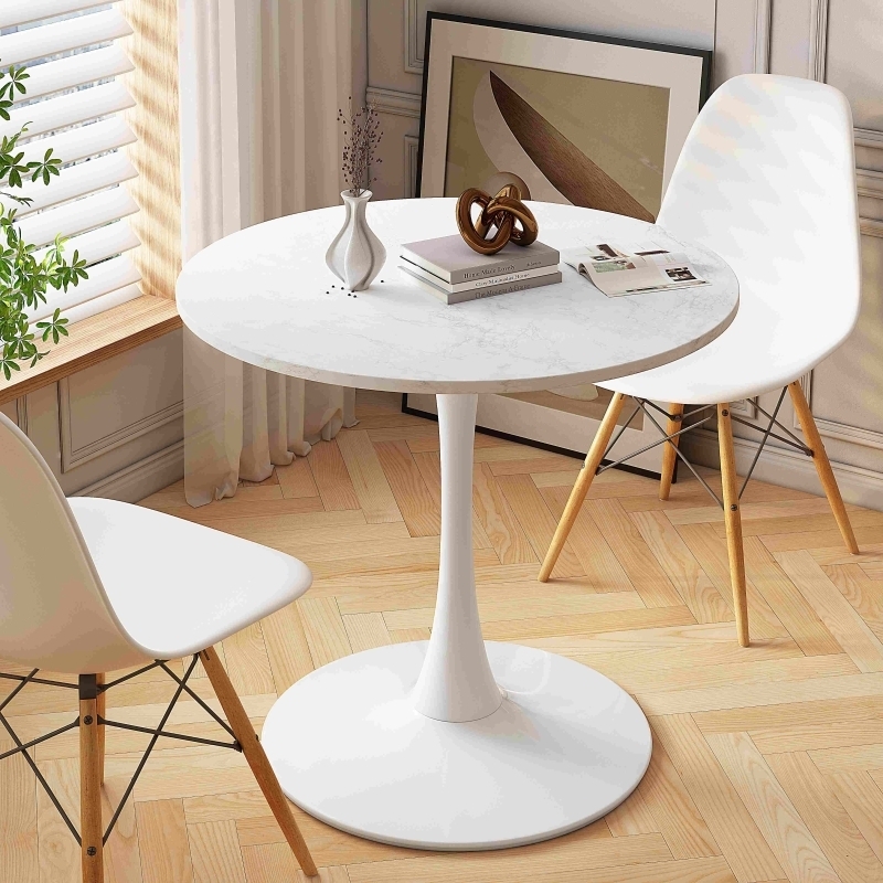 Dining Table Round Tulip Pedestal with Marble Print and Eiffel Legs