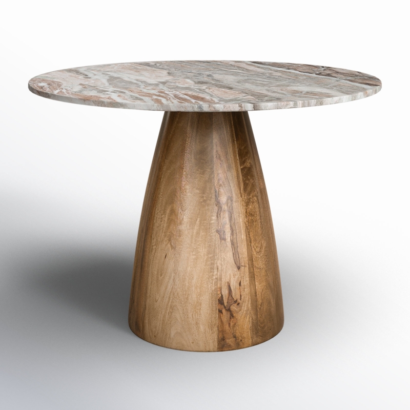Dining Table Round Veined Marble with Conical Wood Base