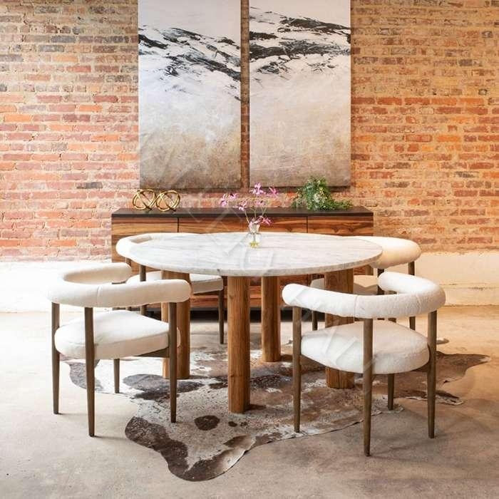 Dining Table Round White Marble with Teak Wood Legs and Curved Chairs