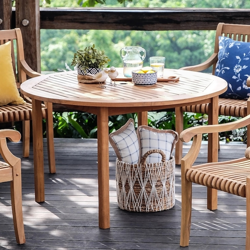 Dining Table Round Wood Toned Slatted Top Straight Legs Apron