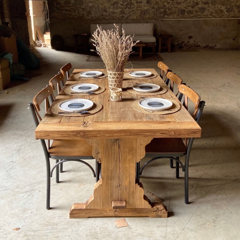 Dining Table Rustic Notched Pedestal Base Thick Honey Brown Plank Top