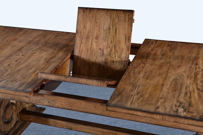 Dining Table Rustic Pecan Wood French Scroll Base Distressed Finish