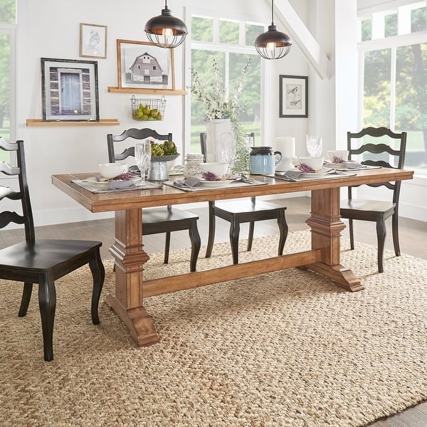 Dining Table: Rustic Trestle Base and Two-Tone Wavy Ladder Back Chairs