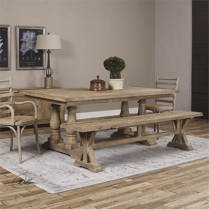 Dining Table Salvaged Wood Thick Pedestal Legs Weathered Finish