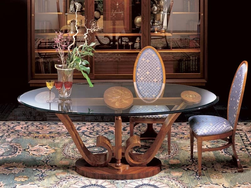 Dining Table Scrolled Ribbon Wood Base Fluted Pillar Luxury Classic