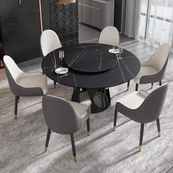 Dining Table Set Black Marble Top with Sculptural Pedestal Base