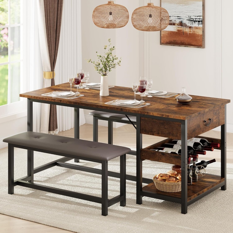 Dining Table Set: Brown Table with Storage Drawers and Bench
