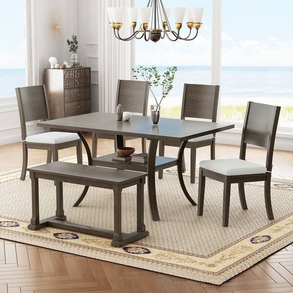 Dining Table Set Charcoal Gray Curved Legs Storage Shelf Slat Back