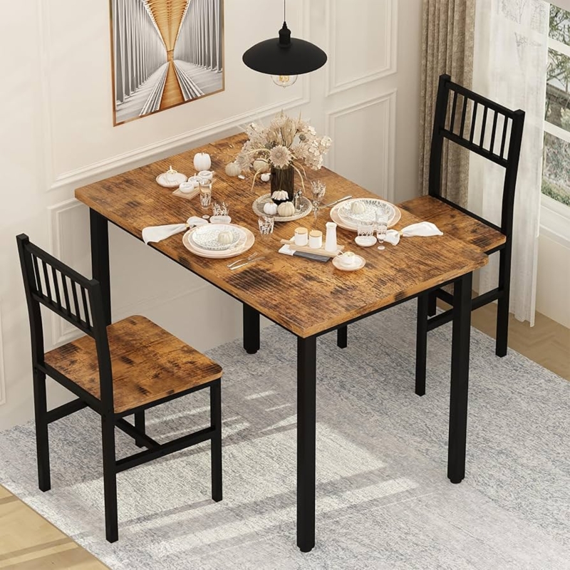 Dining Table Set Compact Three Piece Retro Brown Distressed Finish