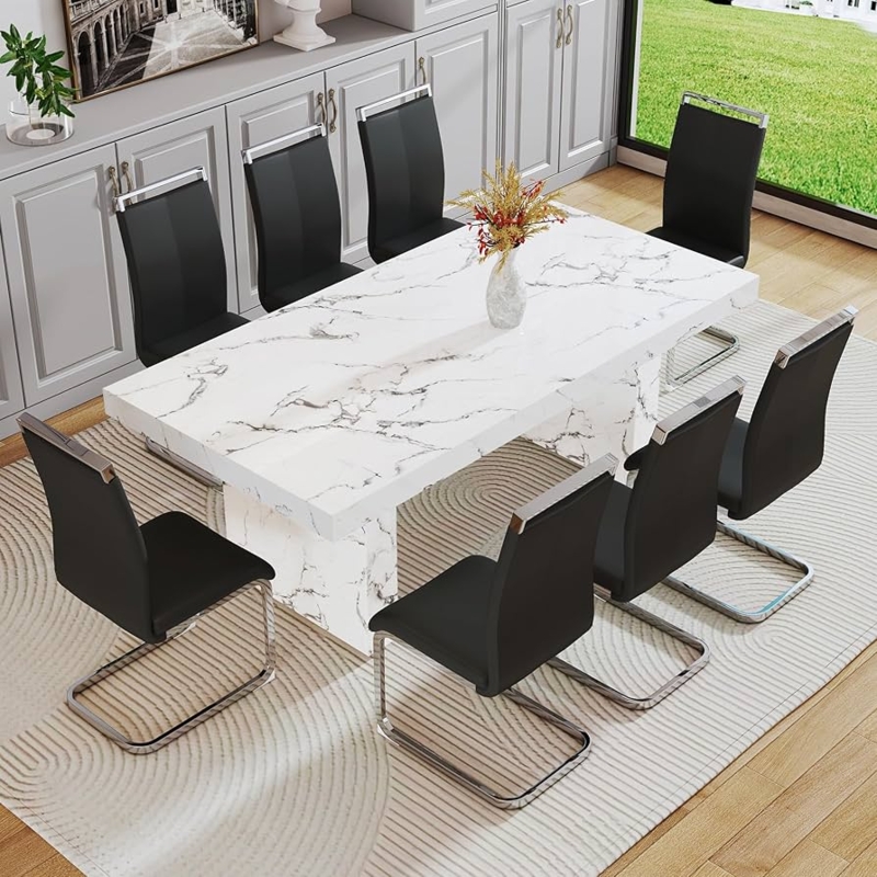 Dining Table Set: Faux Marble Top, Black Cantilever Chairs, Chrome Accents