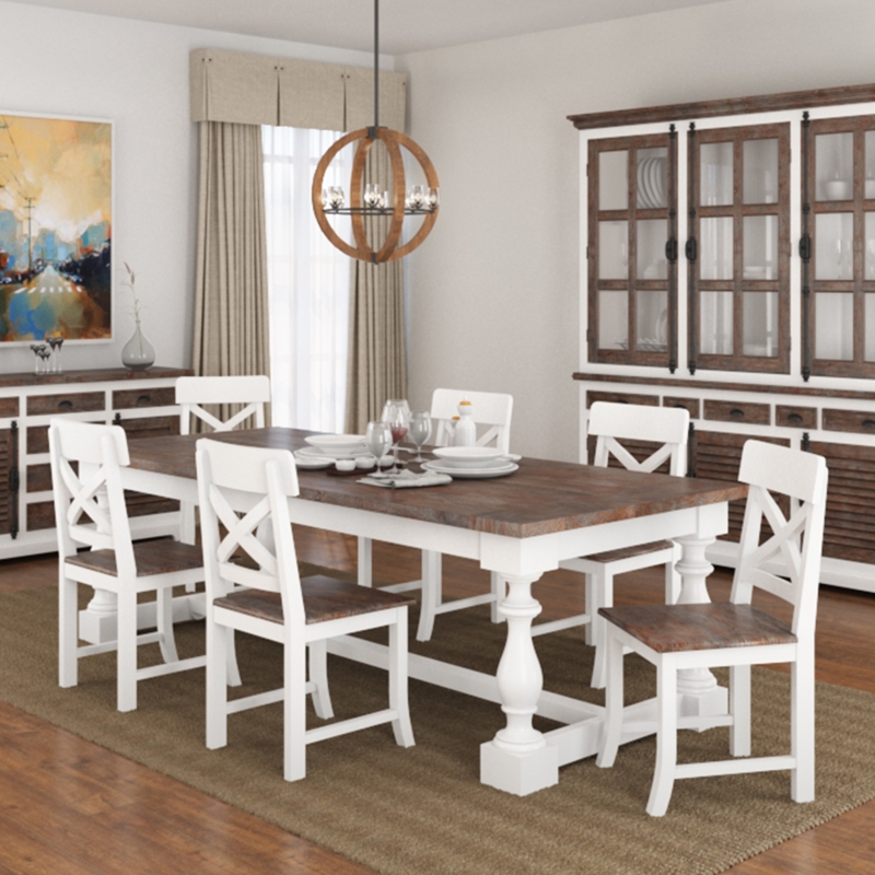Dining Table Set H-Stretcher Base Turned Pedestal Legs Two Tone