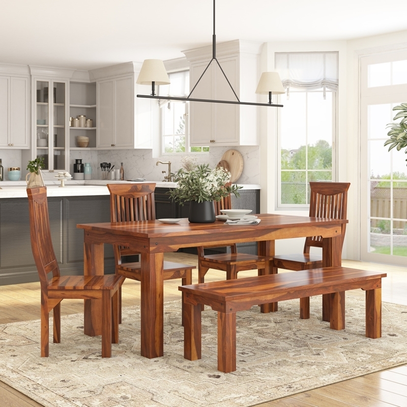 Dining Table Set: Honey Brown Rustic Wood, Slat Back Chairs, Bench