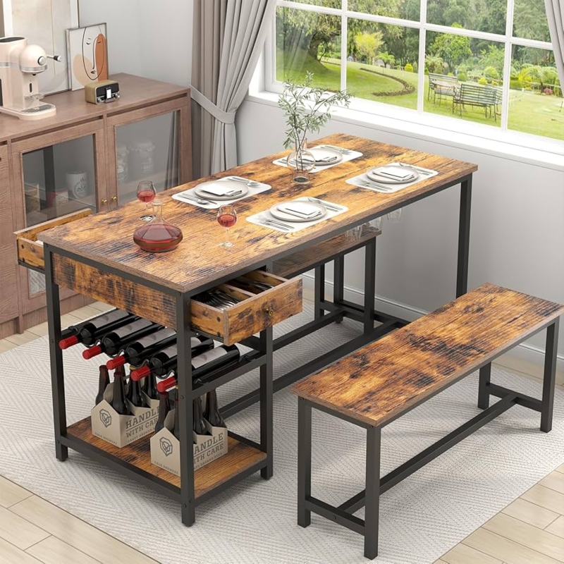Dining Table Set Industrial Kitchen Table Storage Wine Rack Drawers