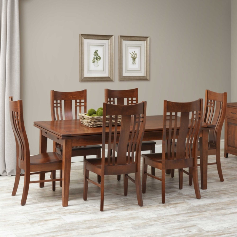 Dining Table Set Mission Style Warm Chestnut Draw Leaf Slat Back Chairs
