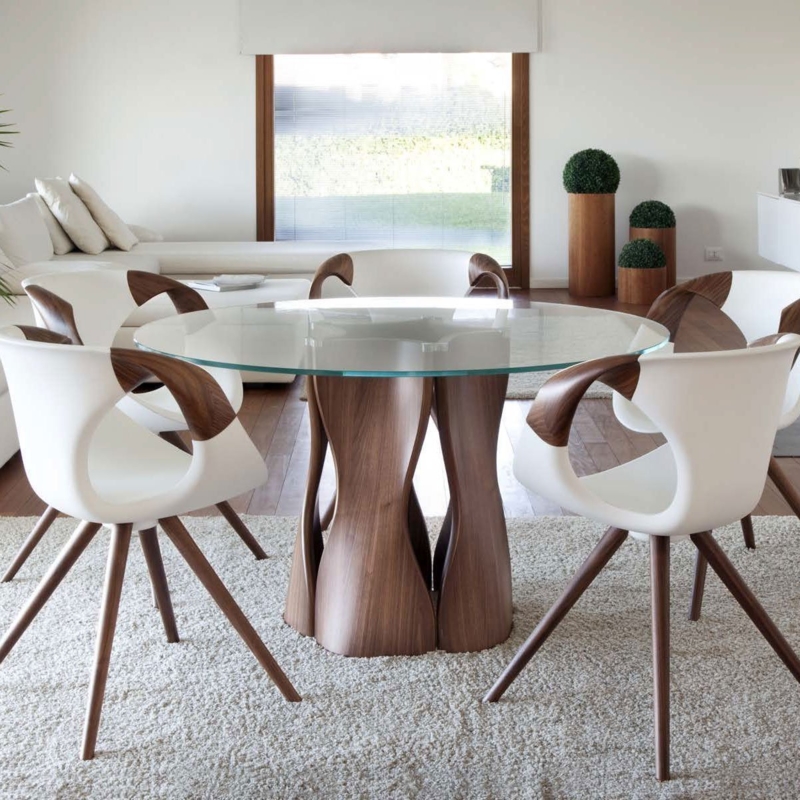 Dining Table Set Molded Shell Chairs Round Glass Sculptural Wood Base
