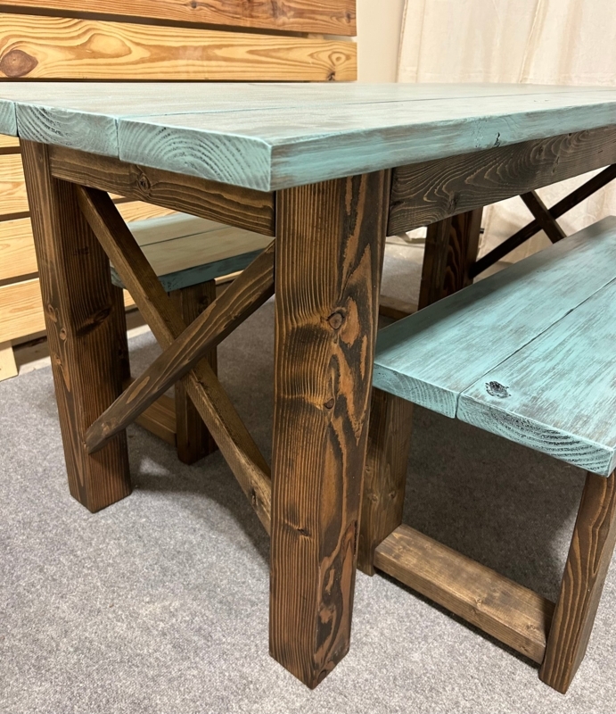 Dining Table Set Narrow Farmhouse Distressed Teal Top Dark Walnut X-Brace