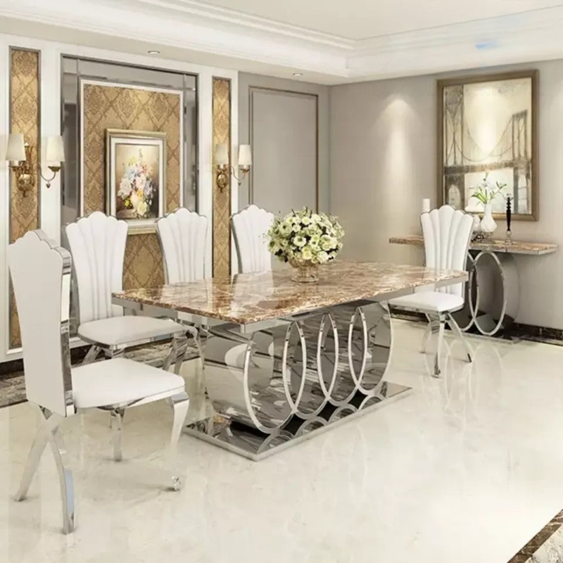 Dining Table Set Polished Chrome Interlocking Rings with Scalloped Backs
