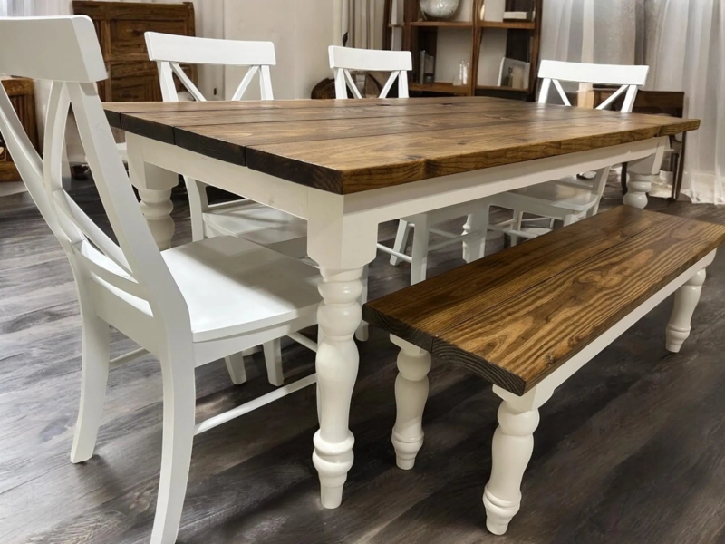 Dining Table Set: Provincial Brown Plank Top, White Turned Legs
