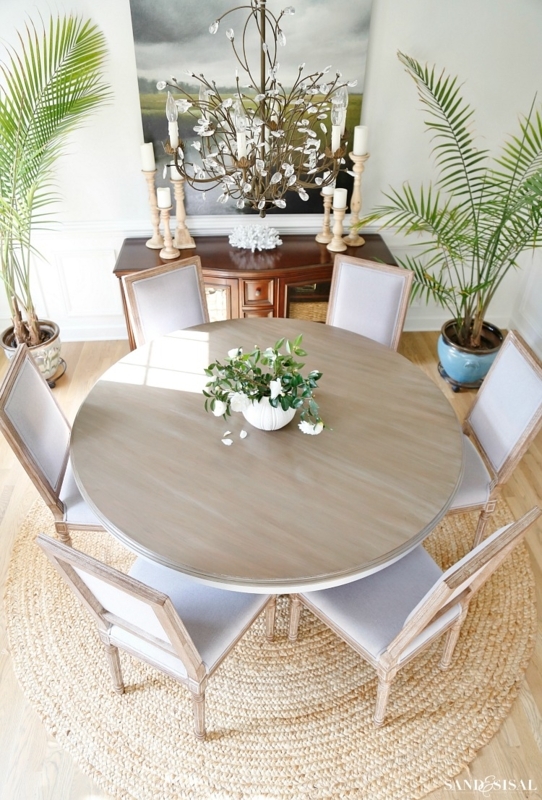 Dining Table Set: Round Driftwood Finish Top with Upholstered Chairs