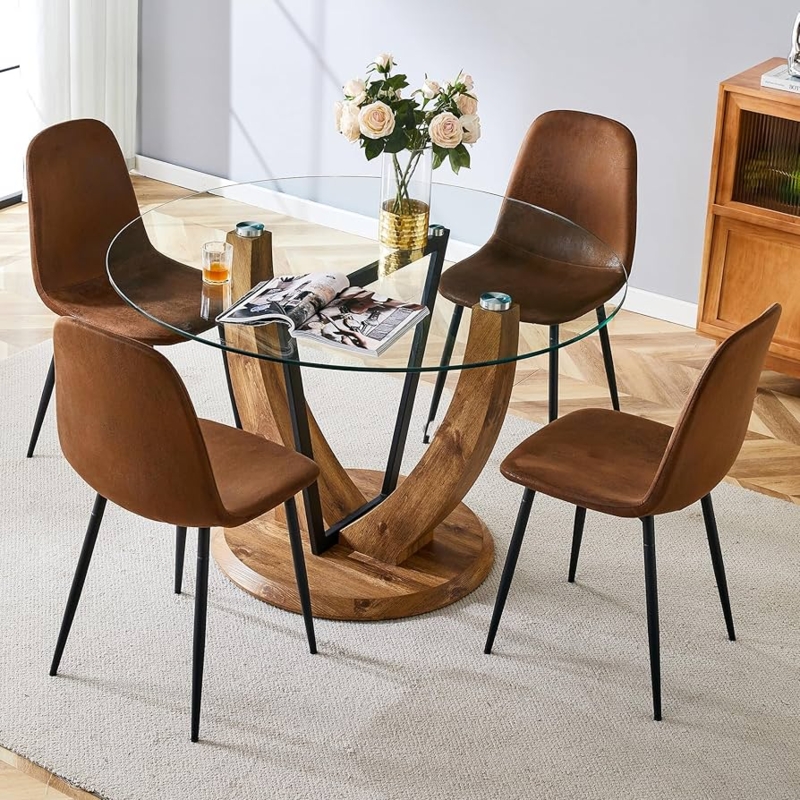 Dining Table Set Round Glass Sculptural Pedestal 5 Piece Cognac Chairs