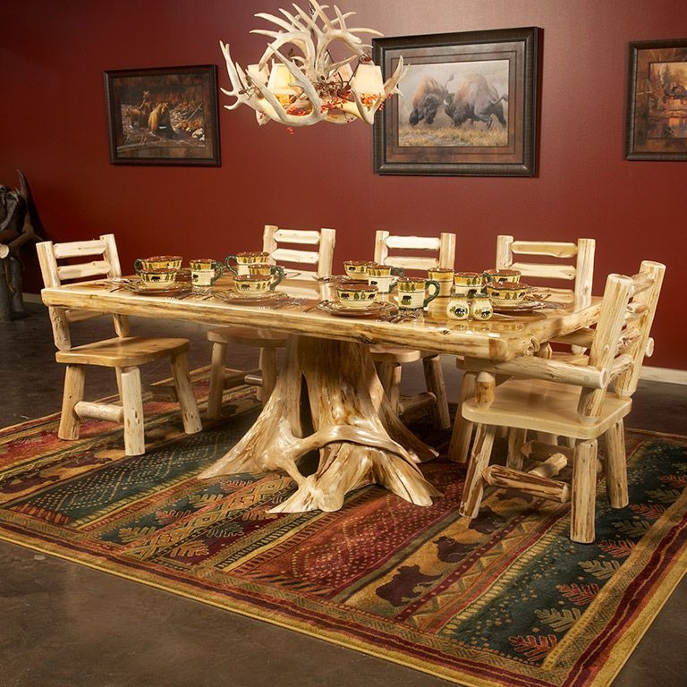Dining Table Set: Rustic Stump Pedestal Base and Log Construction Chairs