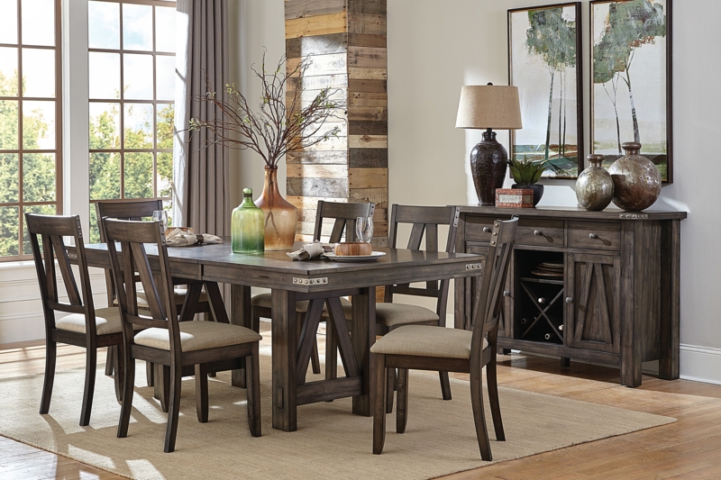 Dining Table Set Rustic Trestle Base Rivet Details Wine Rack