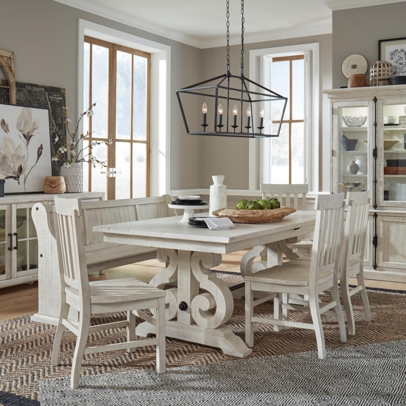 Dining Table Set Scroll Trestle Base Slat Back Bench Whitewashed