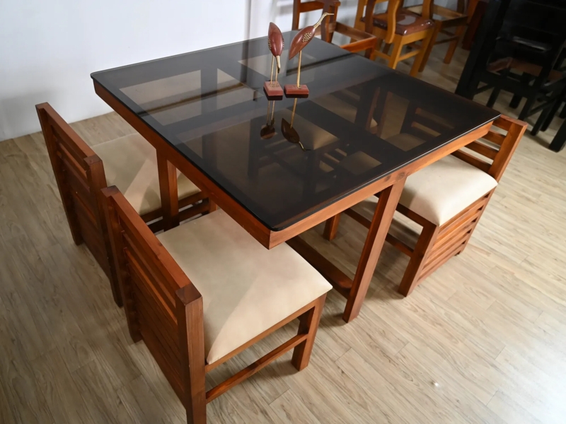 Dining Table Set: Square Bronze Glass Top and Slatted Back Chairs