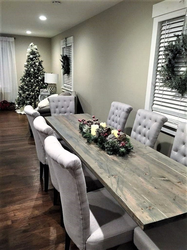 Dining Table Set Tufted Roll Back Chairs Weathered Plank Top