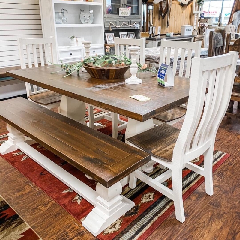 Dining Table Set: Two-Tone Farmhouse, Antique White Trestle Base