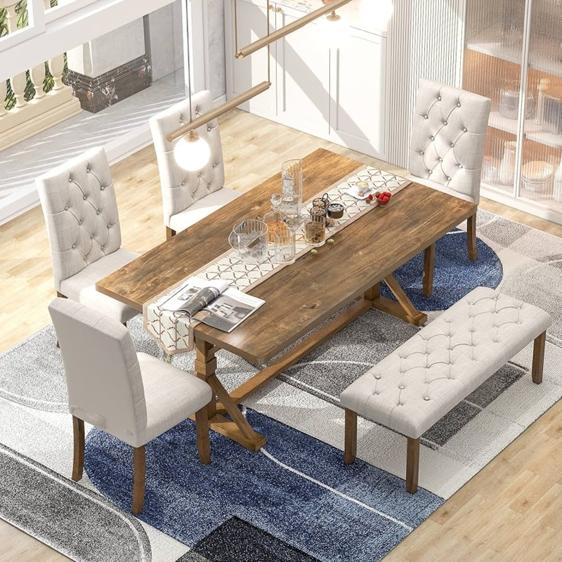Dining Table Set: Walnut Brown, X-Base Trestle, Button Tufted Seats