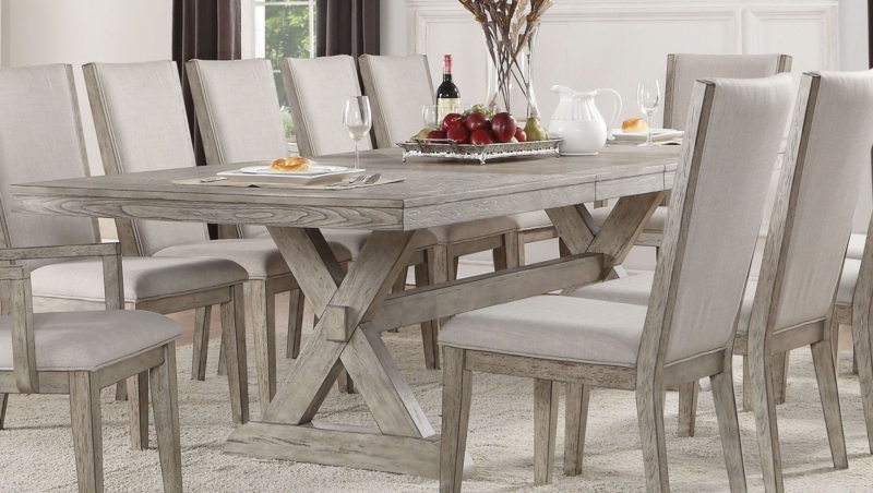 Dining Table Set Weathered Gray Oak X-Frame Trestle Base